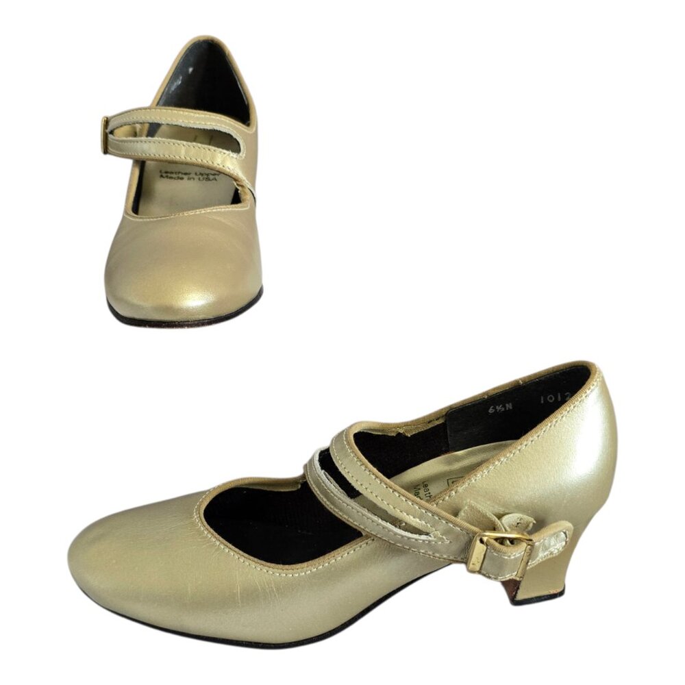 Tic Tac Toes Gold Leather Mary Jane Ballroom Dance Shoes 2" Heel Wm Size 6.5N